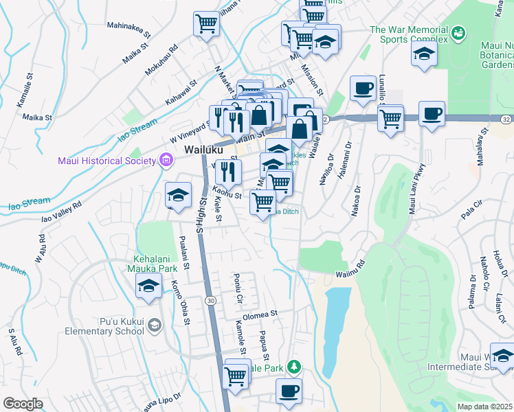 map of restaurants, bars, coffee shops, grocery stores, and more near 1982 Kalawi Place in Wailuku