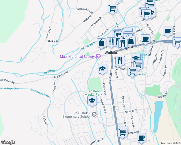 map of restaurants, bars, coffee shops, grocery stores, and more near 120 Eulu Street in Wailuku