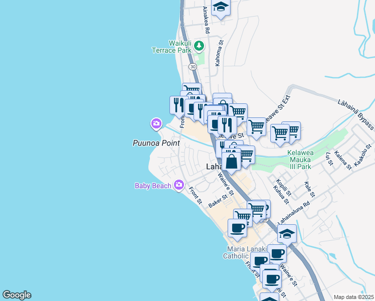 map of restaurants, bars, coffee shops, grocery stores, and more near 673 Hoe Kawele Lane in Lahaina