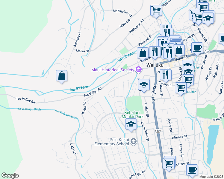 map of restaurants, bars, coffee shops, grocery stores, and more near 126 Hoolaau Street in Wailuku