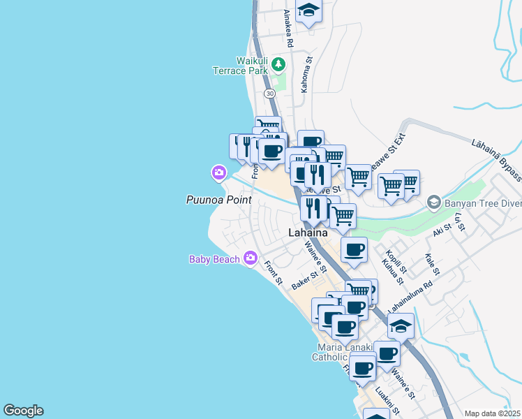 map of restaurants, bars, coffee shops, grocery stores, and more near 631 Hoe Kawele Lane in Lahaina