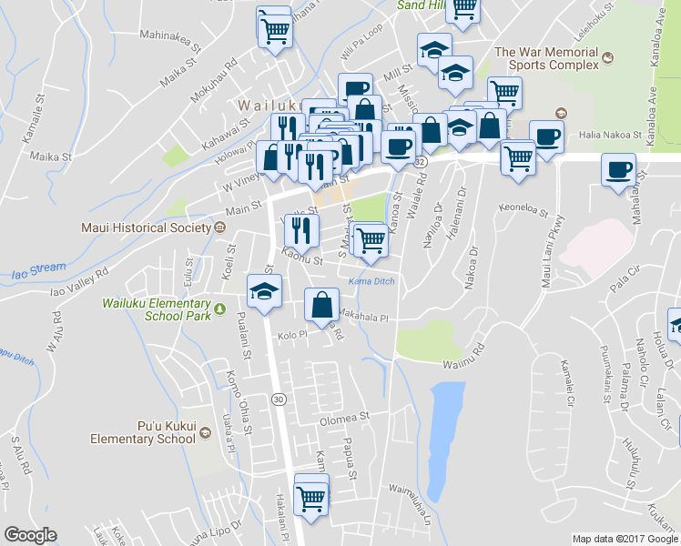 map of restaurants, bars, coffee shops, grocery stores, and more near 1982 Kalawi Place in Wailuku