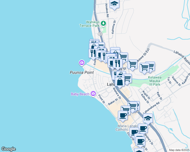 map of restaurants, bars, coffee shops, grocery stores, and more near 382 Kahoma Village Loop in Lahaina
