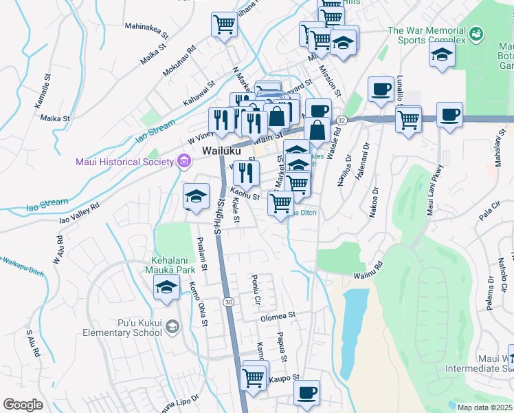 map of restaurants, bars, coffee shops, grocery stores, and more near 372a Kalua Road in Wailuku