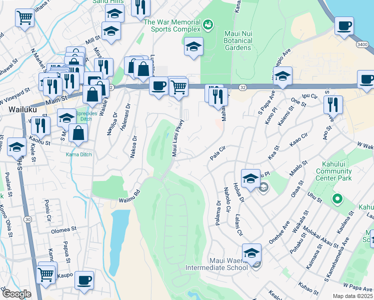 map of restaurants, bars, coffee shops, grocery stores, and more near 355 Mahalani Street in Wailuku