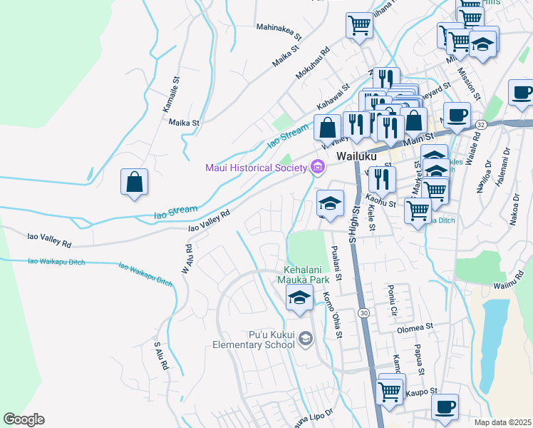 map of restaurants, bars, coffee shops, grocery stores, and more near 167 Akialoa Place in Wailuku