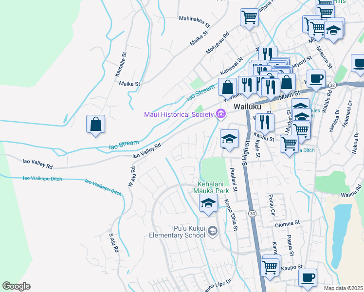 map of restaurants, bars, coffee shops, grocery stores, and more near 152 Hoolaau Street in Wailuku