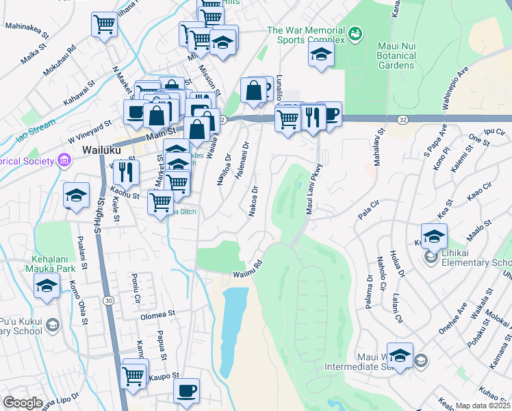 map of restaurants, bars, coffee shops, grocery stores, and more near 190 Nakoa Drive in Wailuku