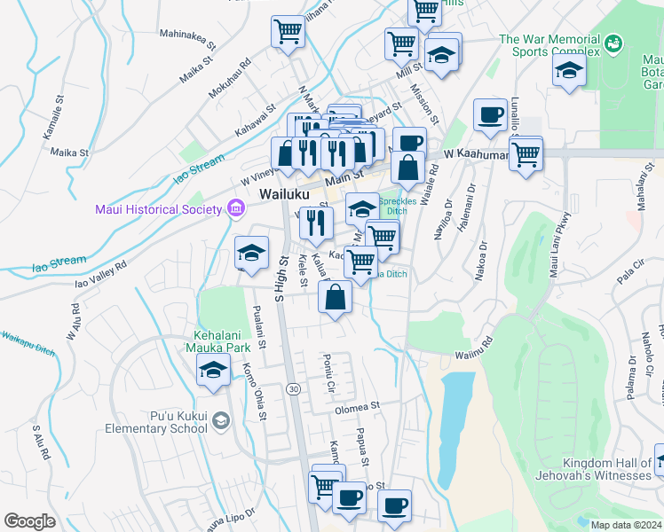 map of restaurants, bars, coffee shops, grocery stores, and more near 2100 Helena Place in Wailuku