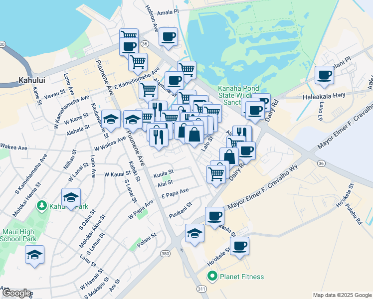map of restaurants, bars, coffee shops, grocery stores, and more near 360 Hukilike Street in Kahului