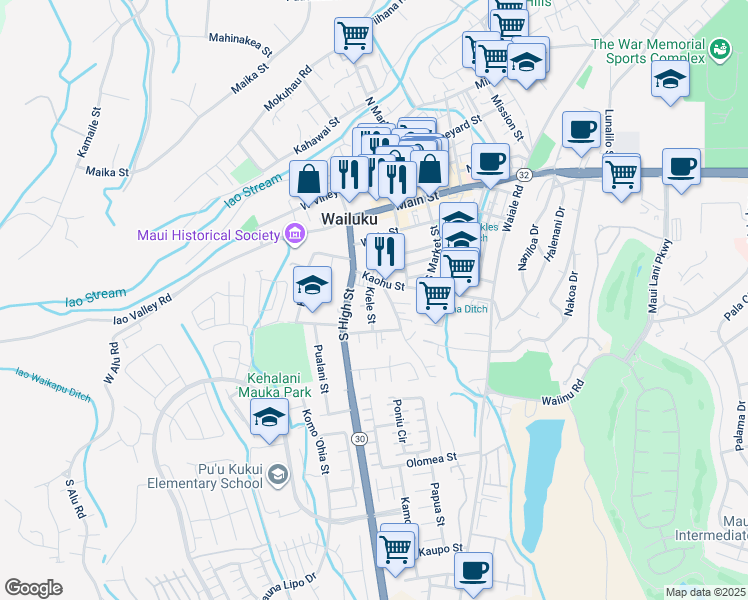 map of restaurants, bars, coffee shops, grocery stores, and more near 340 Kiele Street in Wailuku