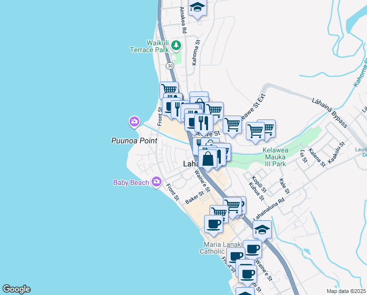 map of restaurants, bars, coffee shops, grocery stores, and more near 274 Kahoma Village Loop in Lahaina