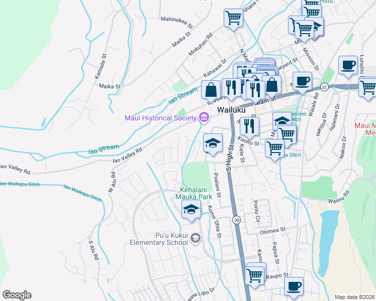 map of restaurants, bars, coffee shops, grocery stores, and more near 120 Eulu Street in Wailuku