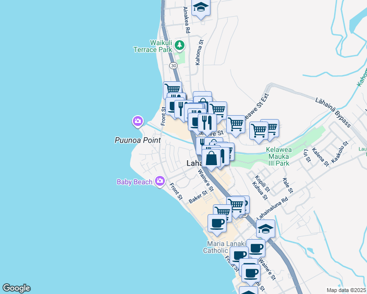map of restaurants, bars, coffee shops, grocery stores, and more near 280 Kahoma Village Loop in Lahaina