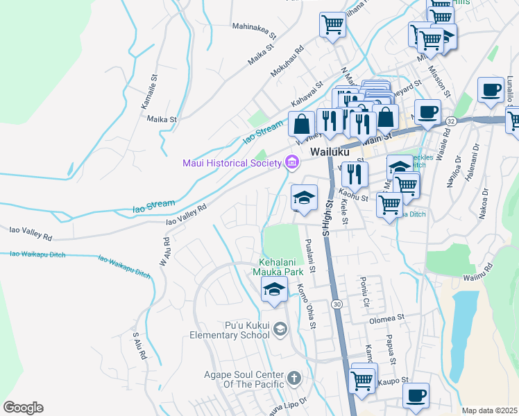 map of restaurants, bars, coffee shops, grocery stores, and more near 38 Kakawahie Street in Wailuku