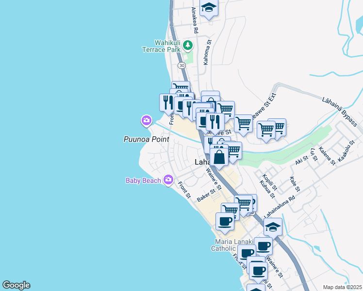 map of restaurants, bars, coffee shops, grocery stores, and more near 385 Kahoma Village Loop in Lahaina