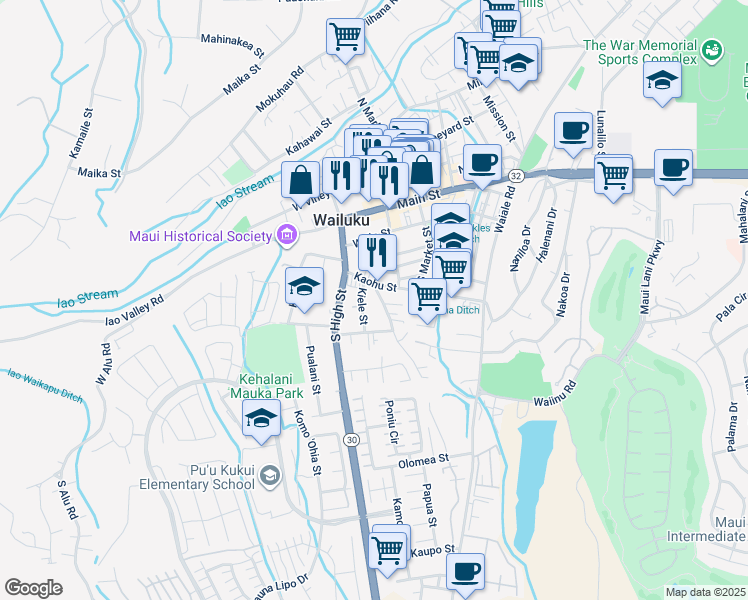 map of restaurants, bars, coffee shops, grocery stores, and more near 329 Kalua Road in Wailuku