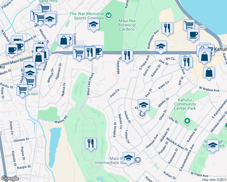 map of restaurants, bars, coffee shops, grocery stores, and more near 766 Pala Circle in Kahului