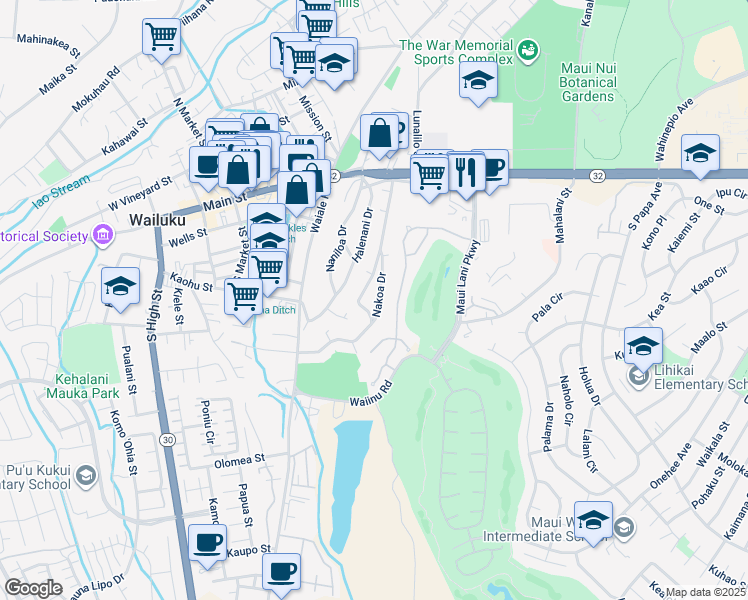 map of restaurants, bars, coffee shops, grocery stores, and more near 197 Nakoa Drive in Wailuku