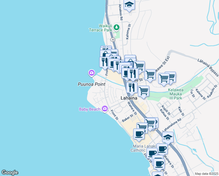 map of restaurants, bars, coffee shops, grocery stores, and more near 370 Kahoma Village Loop in Lahaina
