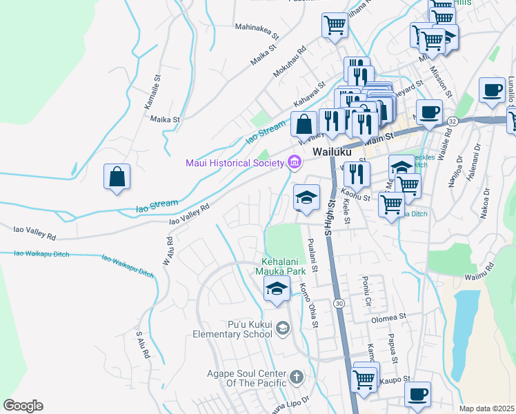 map of restaurants, bars, coffee shops, grocery stores, and more near 35 Kakawahie Street in Wailuku