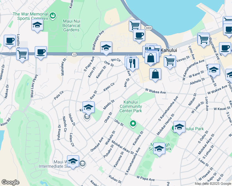 map of restaurants, bars, coffee shops, grocery stores, and more near 457 Aleo Place in Kahului