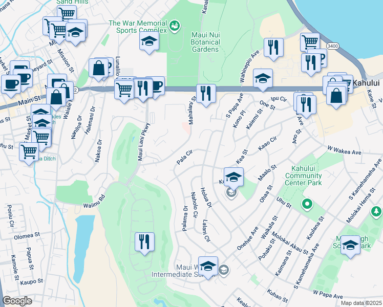 map of restaurants, bars, coffee shops, grocery stores, and more near 747 Pala Circle in Kahului