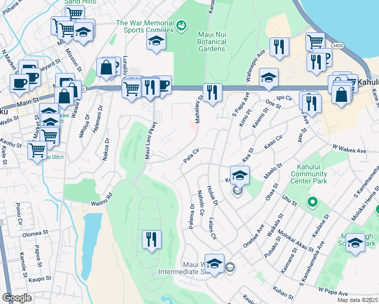 map of restaurants, bars, coffee shops, grocery stores, and more near 766 Pala Circle in Kahului