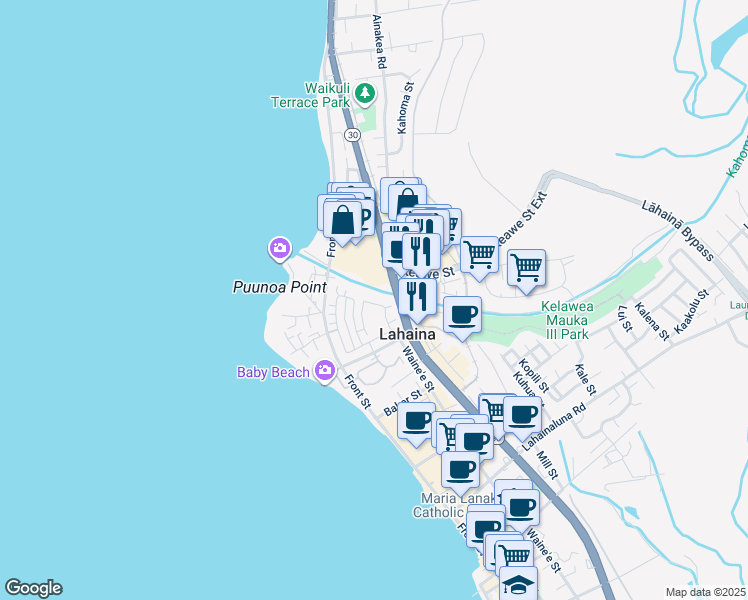 map of restaurants, bars, coffee shops, grocery stores, and more near 280 Kahoma Village Loop in Lahaina
