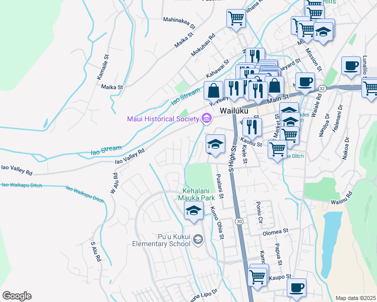 map of restaurants, bars, coffee shops, grocery stores, and more near 143 Eulu Street in Wailuku