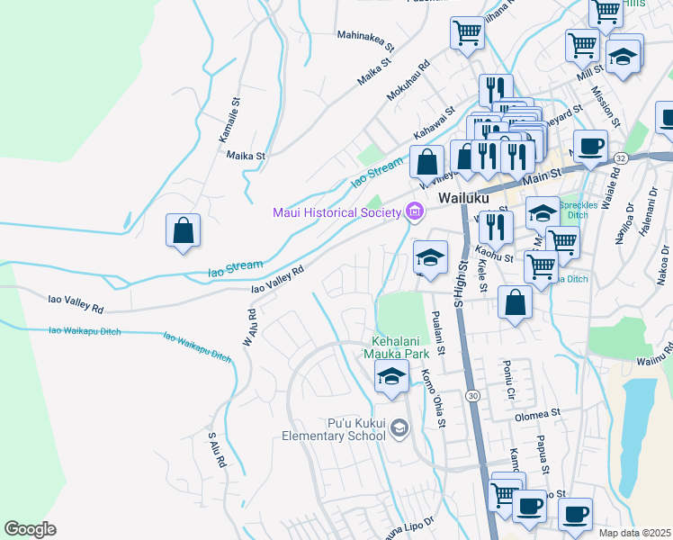 map of restaurants, bars, coffee shops, grocery stores, and more near 131 Hoolaau Street in Wailuku