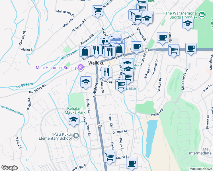 map of restaurants, bars, coffee shops, grocery stores, and more near 329 Kalua Road in Wailuku