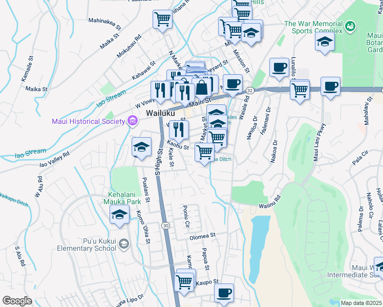 map of restaurants, bars, coffee shops, grocery stores, and more near 2108 Kaohu Street in Wailuku
