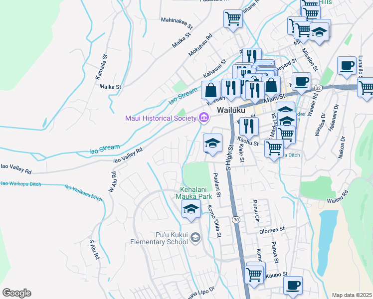 map of restaurants, bars, coffee shops, grocery stores, and more near 258 Lau Oliwa Loop in Wailuku