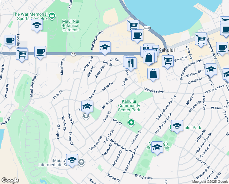 map of restaurants, bars, coffee shops, grocery stores, and more near 457 Aleo Place in Kahului