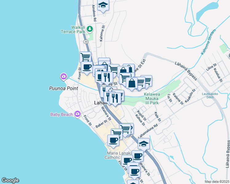 map of restaurants, bars, coffee shops, grocery stores, and more near 42 East Kuu Aku Lane in Lahaina