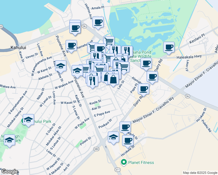 map of restaurants, bars, coffee shops, grocery stores, and more near 360 Hukilike Street in Kahului
