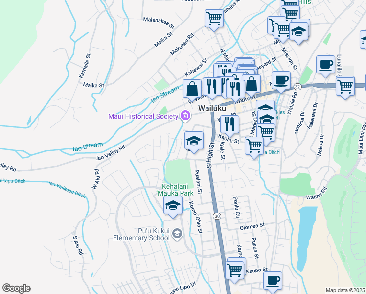 map of restaurants, bars, coffee shops, grocery stores, and more near 233 Lau Oliwa Loop in Wailuku