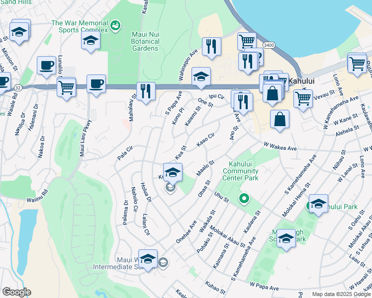 map of restaurants, bars, coffee shops, grocery stores, and more near 555 Kea Street in Kahului