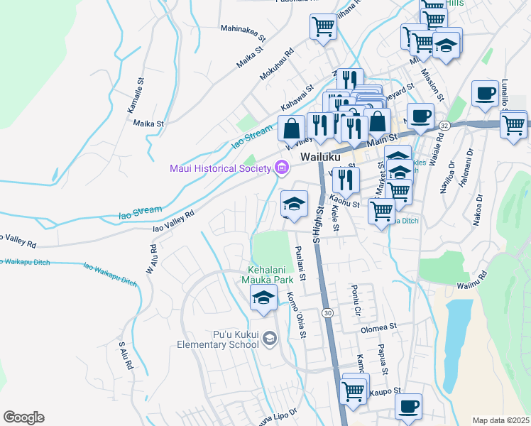 map of restaurants, bars, coffee shops, grocery stores, and more near 317 Lau Manamana Street in Wailuku