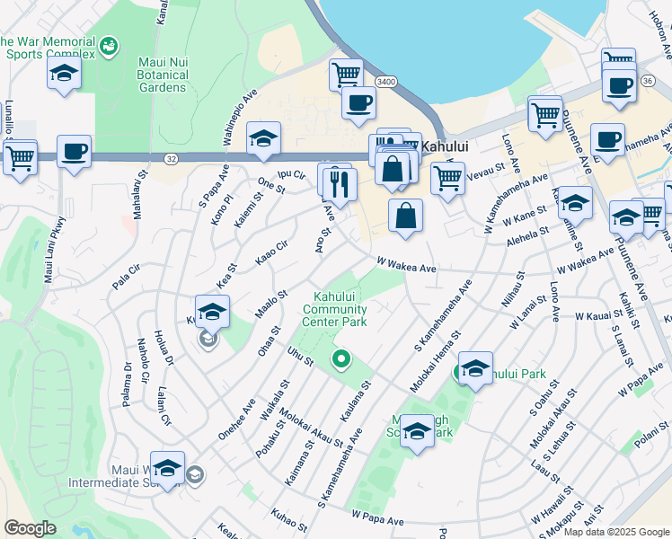 map of restaurants, bars, coffee shops, grocery stores, and more near 390 Maalo Street in Kahului