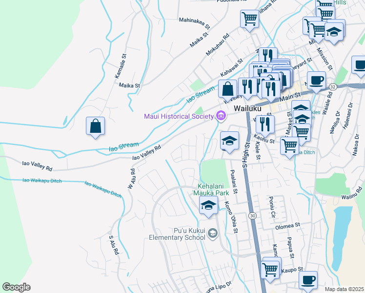 map of restaurants, bars, coffee shops, grocery stores, and more near 152 Hoolaau Street in Wailuku