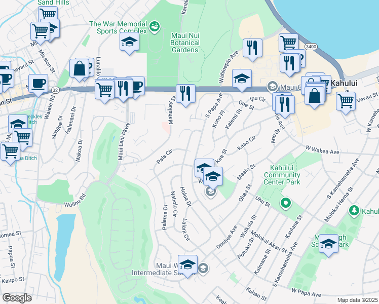 map of restaurants, bars, coffee shops, grocery stores, and more near 205 Holua Drive in Kahului