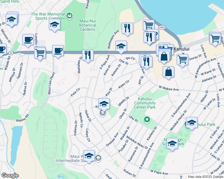map of restaurants, bars, coffee shops, grocery stores, and more near 555 Kea Street in Kahului