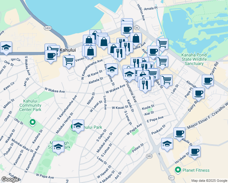 map of restaurants, bars, coffee shops, grocery stores, and more near 262 Kaulawahine Street in Kahului