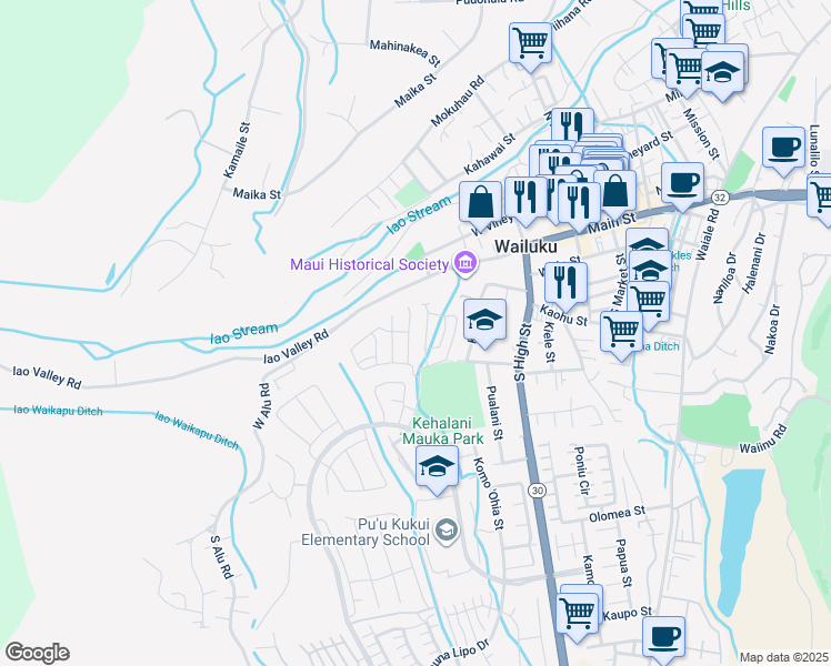 map of restaurants, bars, coffee shops, grocery stores, and more near 40 Kakawahie Street in Wailuku