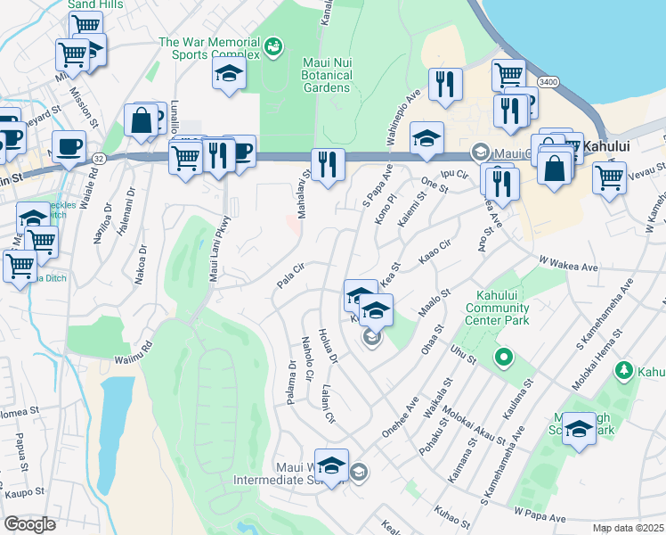 map of restaurants, bars, coffee shops, grocery stores, and more near 205 Holua Drive in Kahului