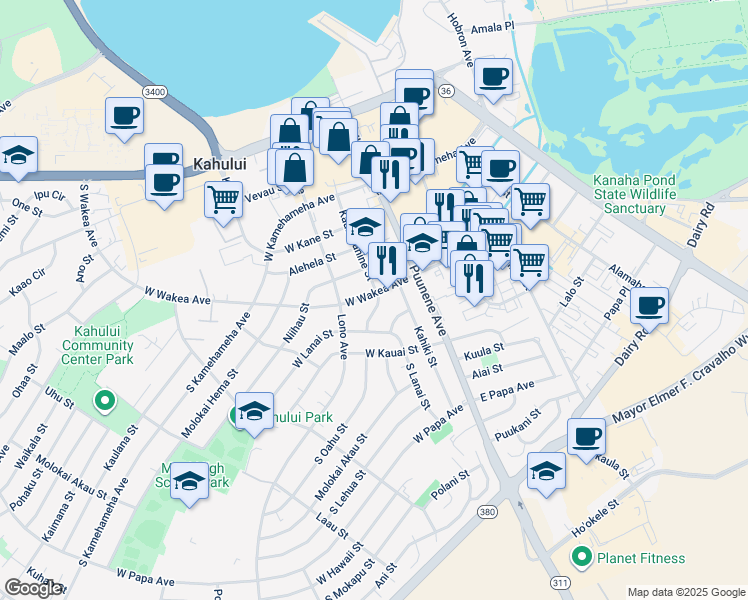 map of restaurants, bars, coffee shops, grocery stores, and more near 262 Kaulawahine Street in Kahului