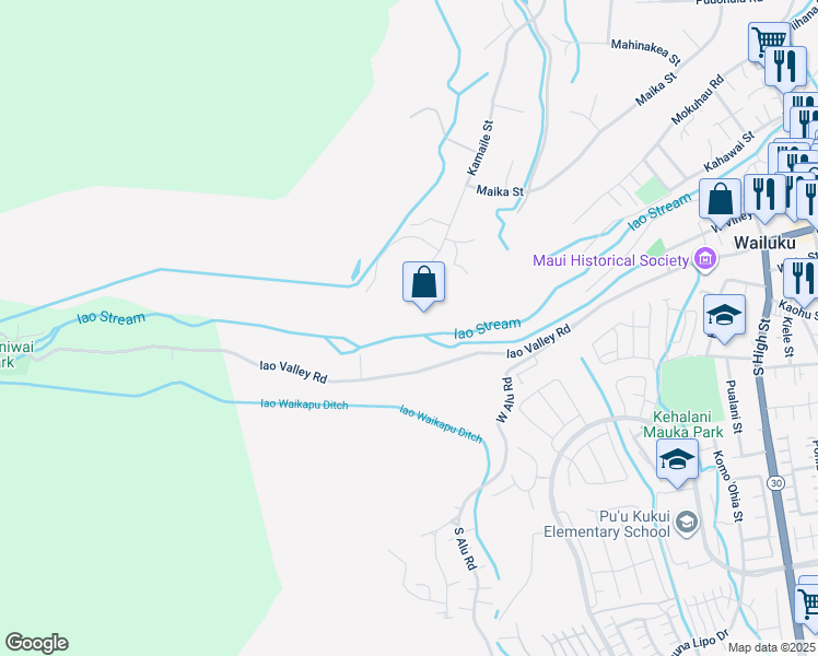 map of restaurants, bars, coffee shops, grocery stores, and more near 252 Iao Valley Road in Wailuku