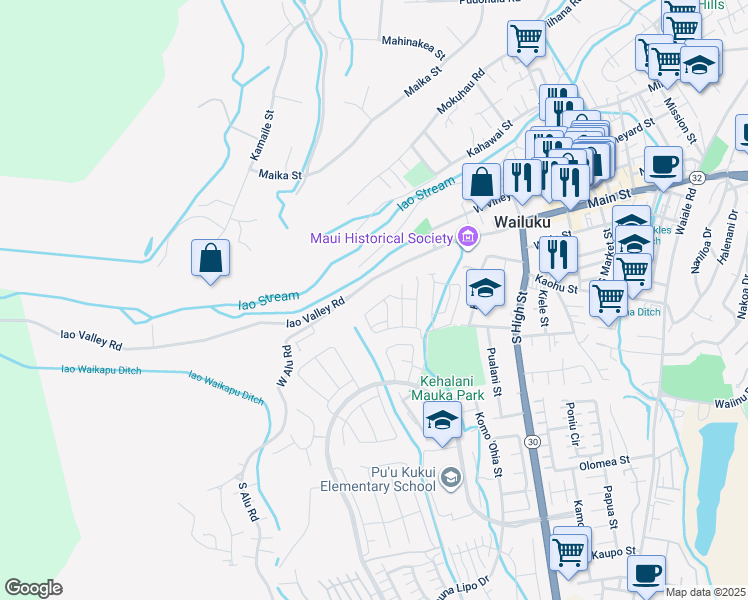 map of restaurants, bars, coffee shops, grocery stores, and more near 125 Hoolaau Street in Wailuku